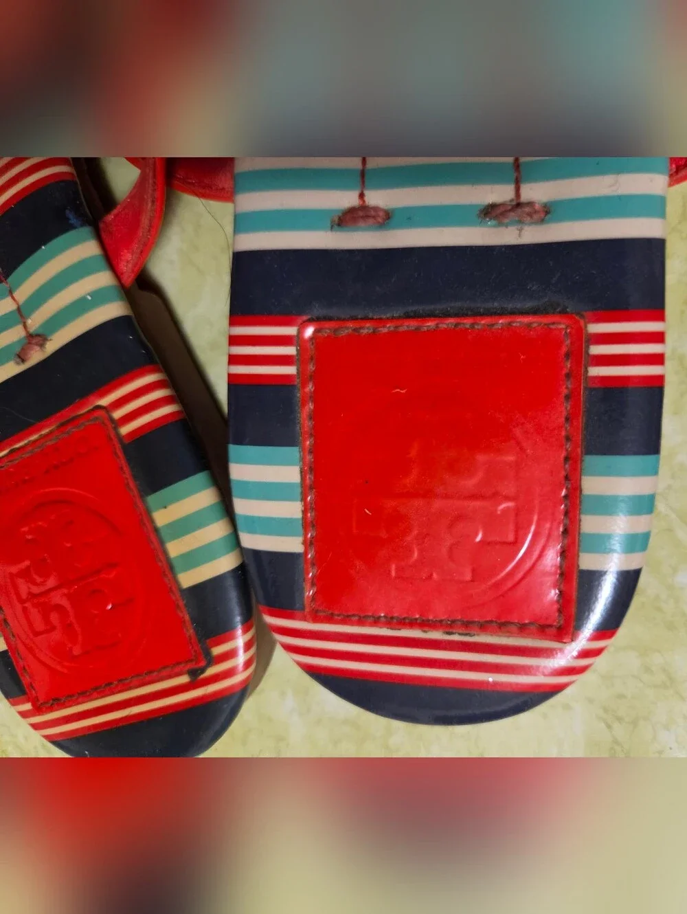 Tory Burch Red Strap Blue & Red Striped Footbed Sandals